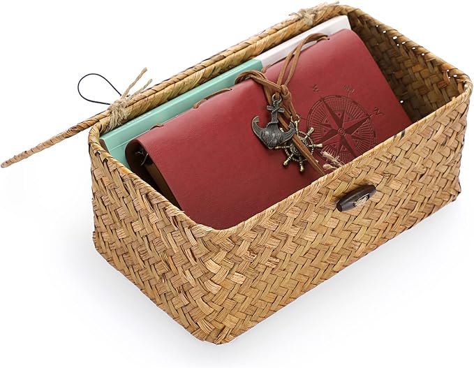 Hipiwe Wicker Shelf Baskets Bin with Lid X-Small Handwoven Basket for Shelf | Natural Seagrass Storage Box, Rectangular Household Basket Boxes for Wardrobe Home Organizer, Caramel