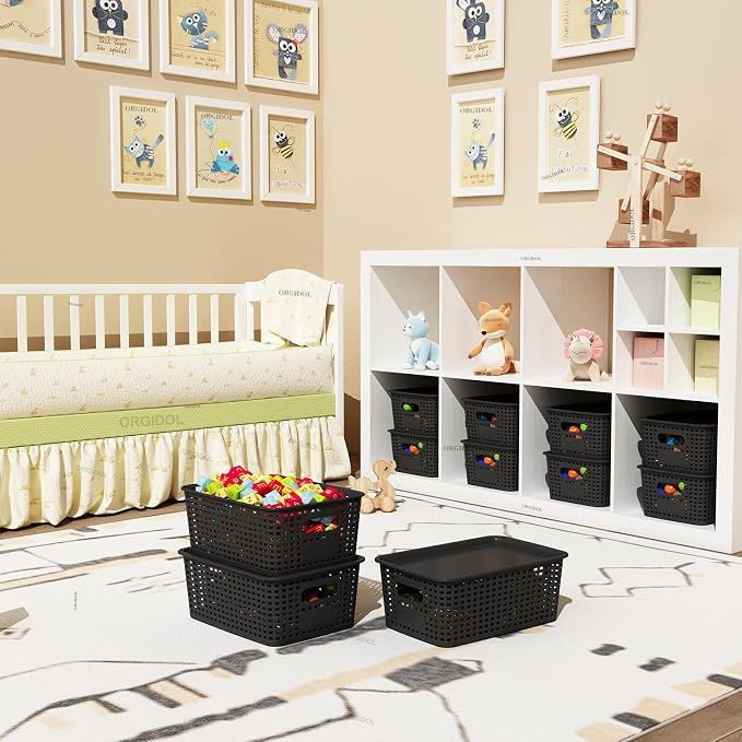 ORGIDOL Plastic Storage Basket with Lids 10 Pack Stackable Black Storage Bins Containers with Lid, Decorative Storage Boxes for Organizing Shelves, Drawers, Playroom, Classroom, Office, Closet