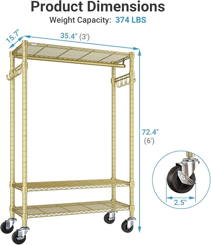 VIPEK R3 Portable Closet for Hanging Clothes Rolling Clothes Rack | Lockable Silent Wheels, Adjustable Wire Shelving, Metal Side Hooks, Load 374lbs, Space-Saving Storage for Apartment, Gold