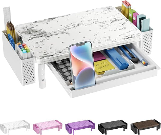 WALI Computer Monitor Stand with Storage, Desk Organizer with Drawer and Pen Holder, Desk Monitor Riser 3 Height Adjustable, Laptop Riser for Computer, Laptop, Printer(PTT003-M), 1 Pack, Marble