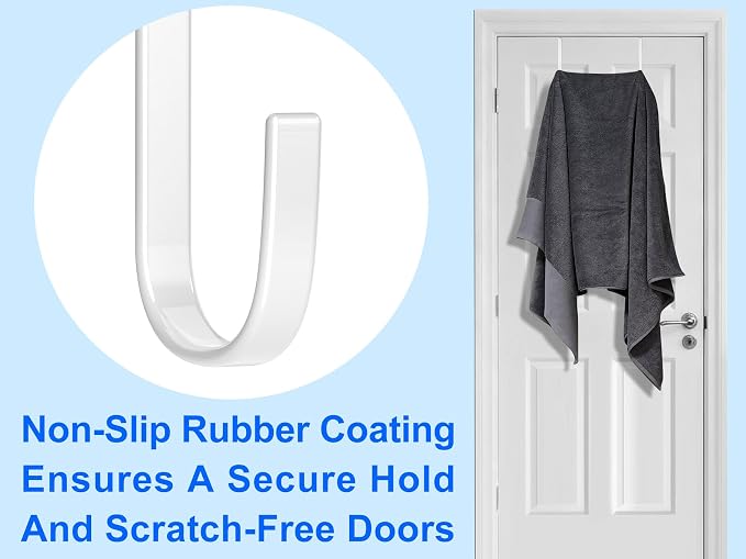 Single Over Door Steel Hooks 2 Pack Fit 1-3/8" Door 5.5" White | Plastic Coated Rubber Feel Towel Rack Robe Coat Shoe Wreath Hanger No Damage No Scratch for Bathroom Heavy Duty Thin Top
