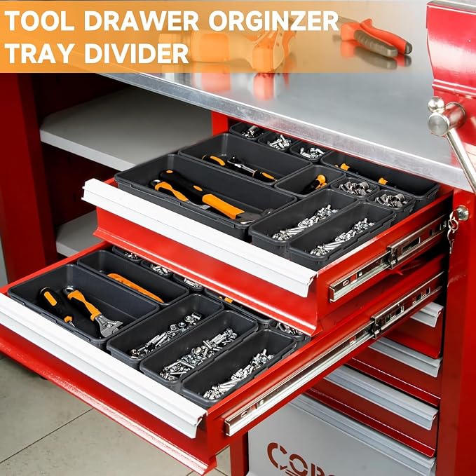 Tool Box Organizer Tray, 24 PCS & 5 Sizes, Black | Premium ABS Plastic, Interlocking Modular Design, Versatile Used Organizer for Storing Tools Wrench Screwdrivers Hammer Nails