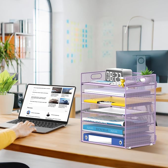 7 Tier Paper Organizer for Desk with Mesh Letter Trays and Handle Purple | Purple Desk File Organizer with Handle for Sorting Papers, Files, Folders, Mail, Bills and Office Supplies