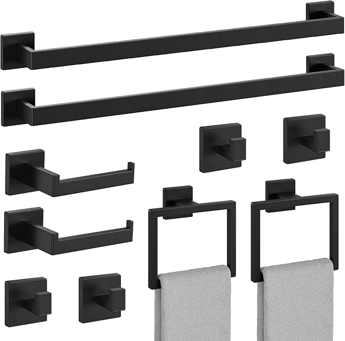 10-Pieces Matte Black Bathroom Accessories, 24 Inch Bathroom Hardware Set | SUS304 Stainless Steel Bath Towel Bar Set, Towel Racks for Bathroom Wall Mounted