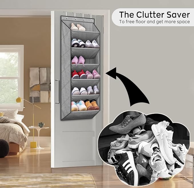SLEEPING LAMB Over The Door Shoe Organizer for Closet with Large Deep Pockets, Narrow Shoe Rack for Door Hanging Boots Storage, Grey