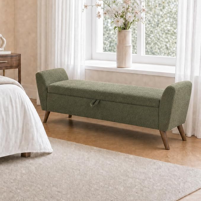 60" Storage Ottoman Bench, End of Bed Bench King Size Green | Solid Wood Legs, Large Hidden Storage, High-Resilience Foam, Teddy Fabric