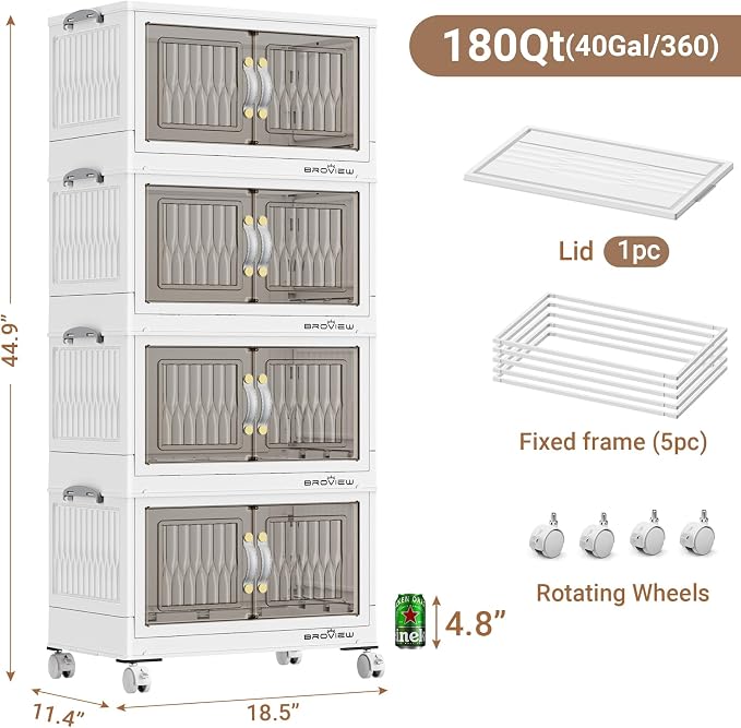BROVIEW 180 Qt Stackable Storage Bins with Lid, Plastic Closet Organizers and Storage Drawer, Collapsible Storage Box with Wheels, Folding Storage Cabinet for Closet Clothes Organization, 4Pack White