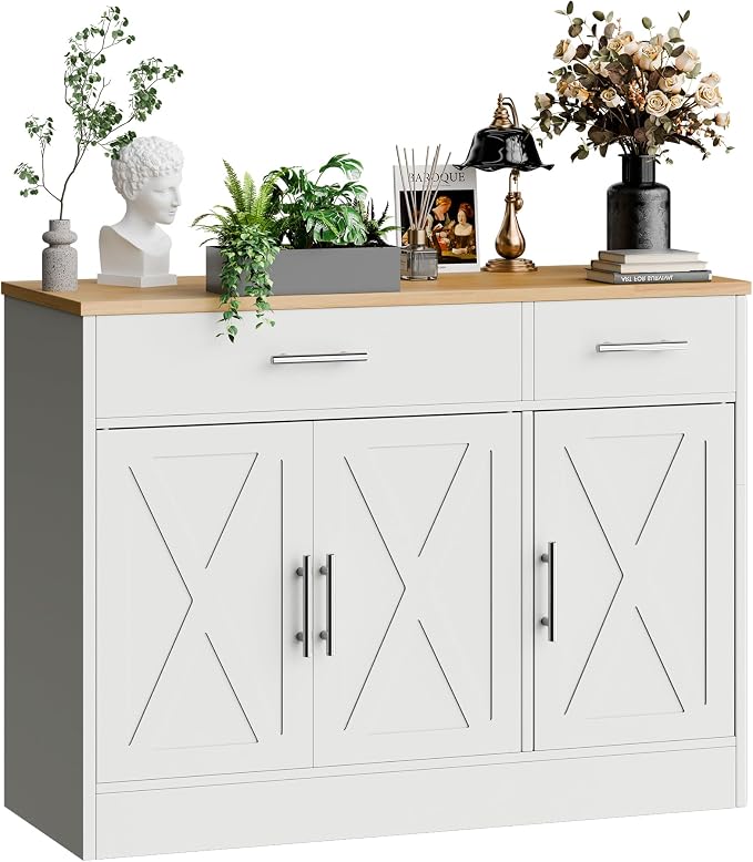 Kitchen Buffet Sideboard Cabinet with Storage, Farmhouse Kitchen Cabinet with 3 Doors and 2 Drawers, Coffee Bar Cabinet with Storage for Living Room, White