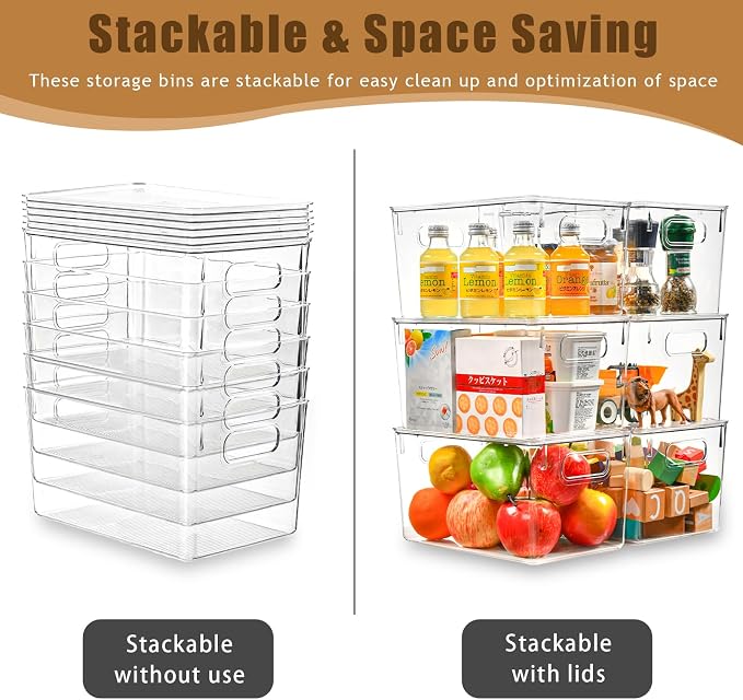 Freebat 12 Pack Clear Storage Bins with Lids, 7 Quart Pantry Organizer Bins | Stackable Plastic Storage Containers, Pantry Organization for Office, Bedroom, Cabinet, Fridge,Kitchen Organization