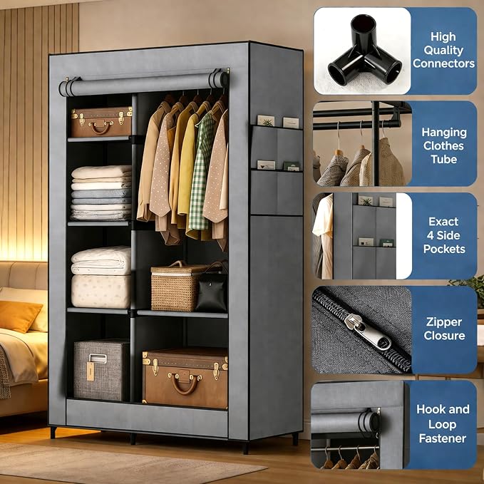 Simple Deluxe Wardrobe with lid, Clothes Rack for Hanging Clothes, 40.7"W x 17.5"D x 64.2"H Garment Rack，Max Load 143LBS，Black Rack with Gray Cover