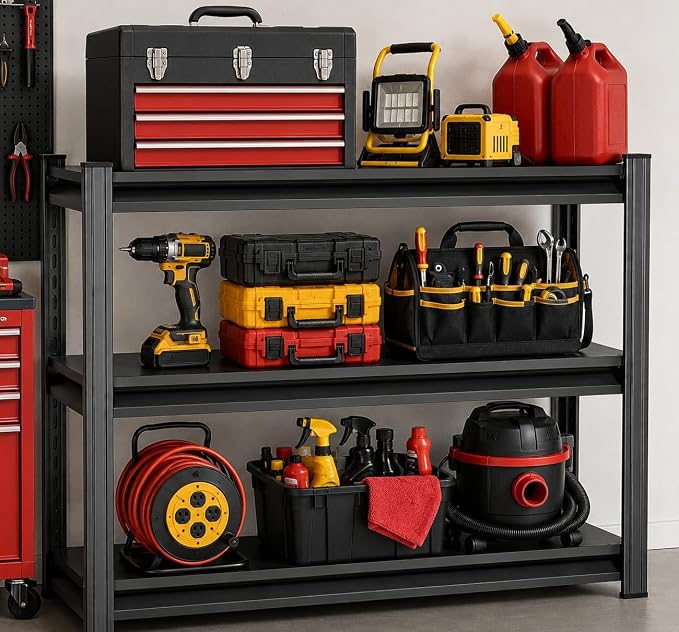 Garage Shelving, Heavy Duty Storage Shelves, Adjustable Boltless Units | Metal Shelving with Double Layer Posts, Industrial Steel Shelving for Garage Basement Warehouse Kitchen, Black, 31H*31W*14D