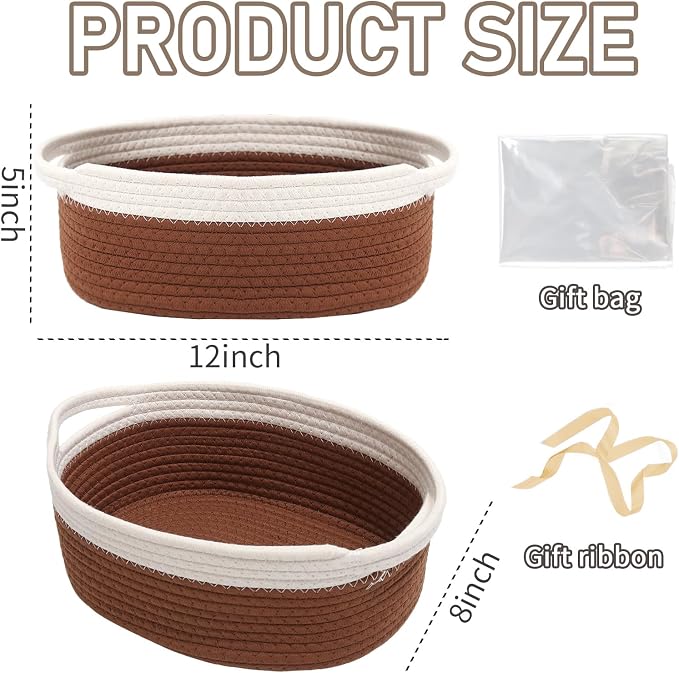 JMvicyroam Small Woven Basket, Empty Gift Basket, White&Brown/2 Pack | Small Gift Basket, Cotton Rope, 12 x 8 x 58 in, Handles, Includes Ribbon and Bag, Birthday Gift Basket