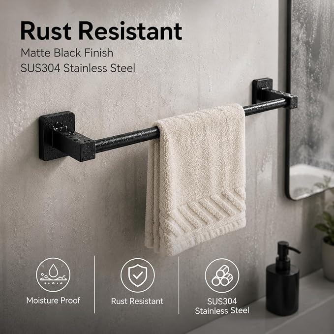 Matte Black Bathroom Hardware Set 4 Pieces,Towel Bar Set Stainless Steel Wall Mounted, Includes 16In Hand Towel Bar, Towel Ring, Robe Towel Hooks,Toilet Paper Holder, Bathroom Towel Rack Set