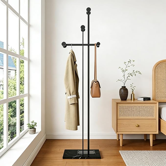 Metal Coat Rack Freestanding for Entryway (Black) | Heavy Duty, Marble Base, Metal Frame, Essential Items Organizer for Clothes Bags, for Bedroom Living Room Hotel