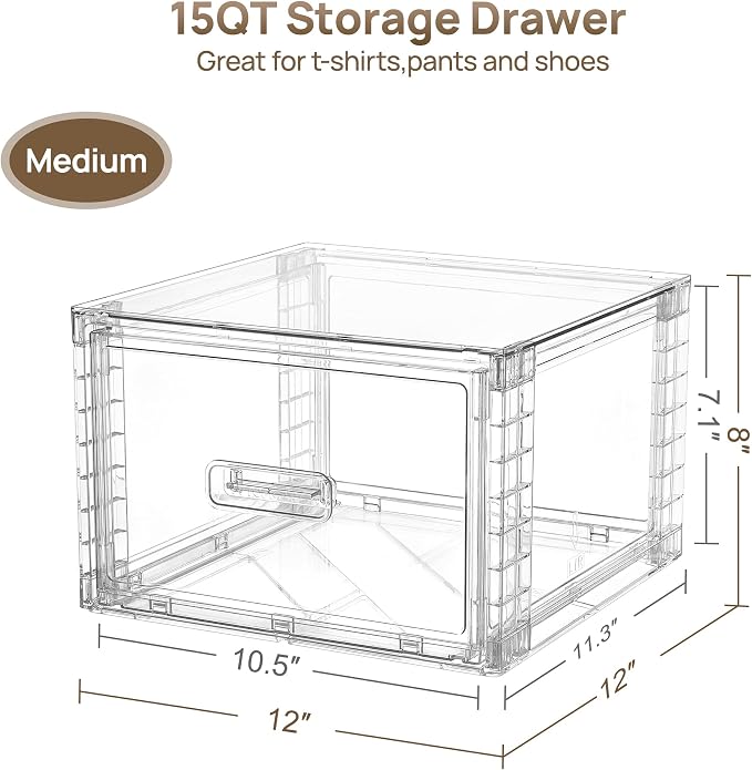 Vtopmart 9 Pack Clear Stackable Storage Drawers 15QT | Easily Assemble Closet Organizers,Plastic Storage Bins for Bathroom,Cabinet,Kitchen Pantry,Under Sink Organization(Medium)