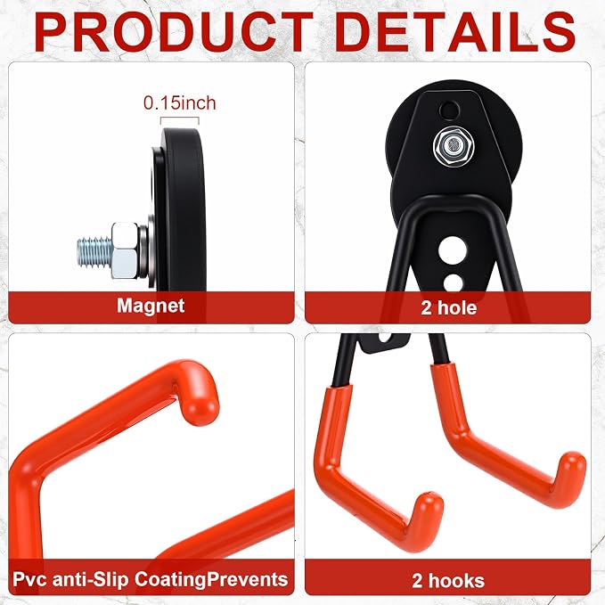 Landhoow 6 Pcs Large Magnetic Hooks Heavy Duty Garage Magnet Hooks Strong Storage Utility Magnetic Hangers with Anti Slip Rubber Coating for Indoor and Outdoor Hanging (Black,Orange)