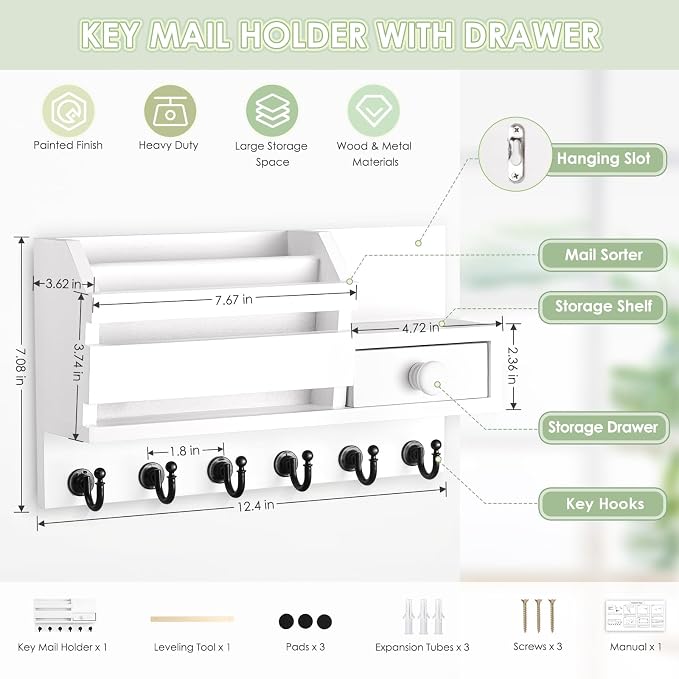 VIS'V Key Holder Wall Mount, Wooden Mail and Key Organizer, White | Contains Little Drawer, Small Shelf, 2 Slots, 6 Hooks, for Entryway, Hallway, Doorway, Kitchen, Garage, RV