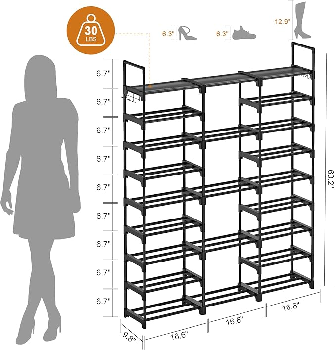 WOWLIVE 9 Tier 3-Column Shoe Rack, 50-55 Pairs Stackable Black | 50in long for larger entryways. Removable shelves fit tall boots. Split into multiple units for garage/closet.
