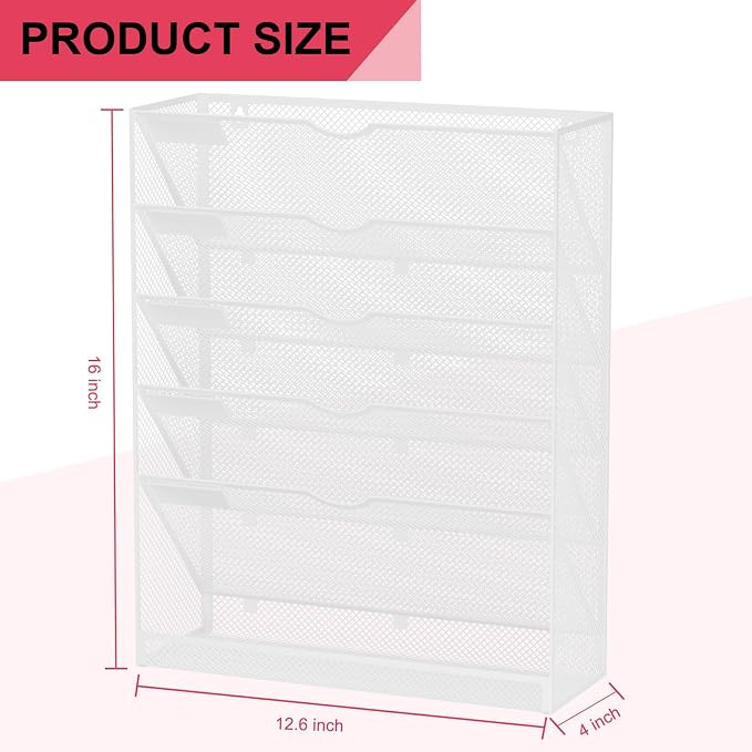 Hanging Wall File Organizer 6 Tier Wall Mounted File Holder Document Wall Organizer Magazine Organization for Office Home, White