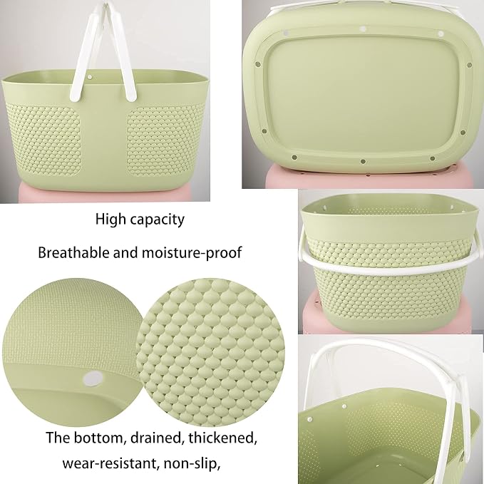 rejomiik Portable Plastic Shower Caddy Basket Organizer with Handles, Green | Large Capacity Storage Tote for Bathroom, College Dorm Essentials, Bath Toy Storage, Kitchen