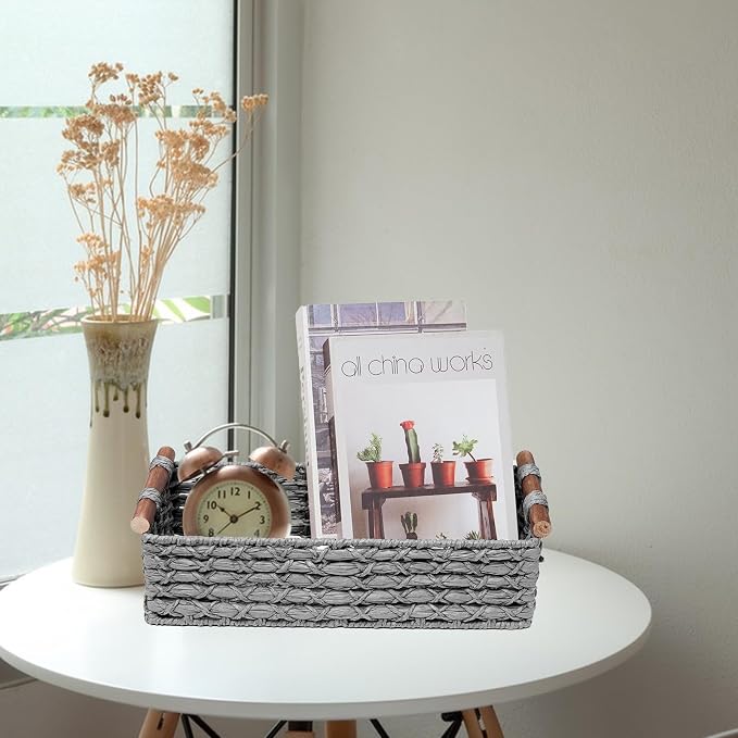 Small Storage Basket Wicker Baskets for Organizing with Handle Decorative Storage Bin for Countertop Toilet Paper Basket for Toilet Tank Top Small Baskets,Light Grey