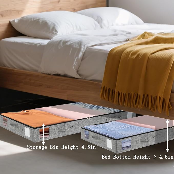 combocube 4 Pack Under Bed Storage Containers, 4.5" Low Profile Underbed Storage Bins with Sturdy Support, Stackable Space Saving Organizer with 4 Handles & Label Windows for Shoes Clothes Blankets