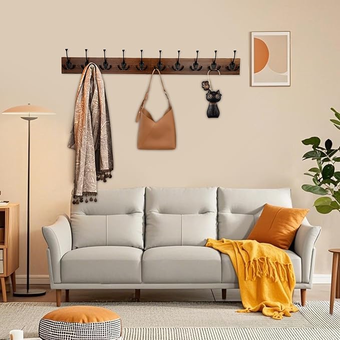IBosins Brown Wood Wall Mounted Coat Rack, 34" Long with 10 Black Tri-Hooks | Burnt Finish Heavy Duty Wood Coat Hanger, Rustic Coat Hooks Rail for Entryway, Living Room, Coat, Scarf, Bag, Towel, Hat