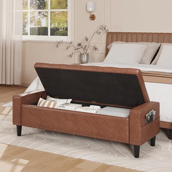 60" Storage Ottoman Bench, Faux Leather Upholstered Bed Bench with Tufted Buttons and Nailhead Trim, Large Ottoman with Storage for King Size End of Bed, Bedroom, Entryway, Hallway (brown)