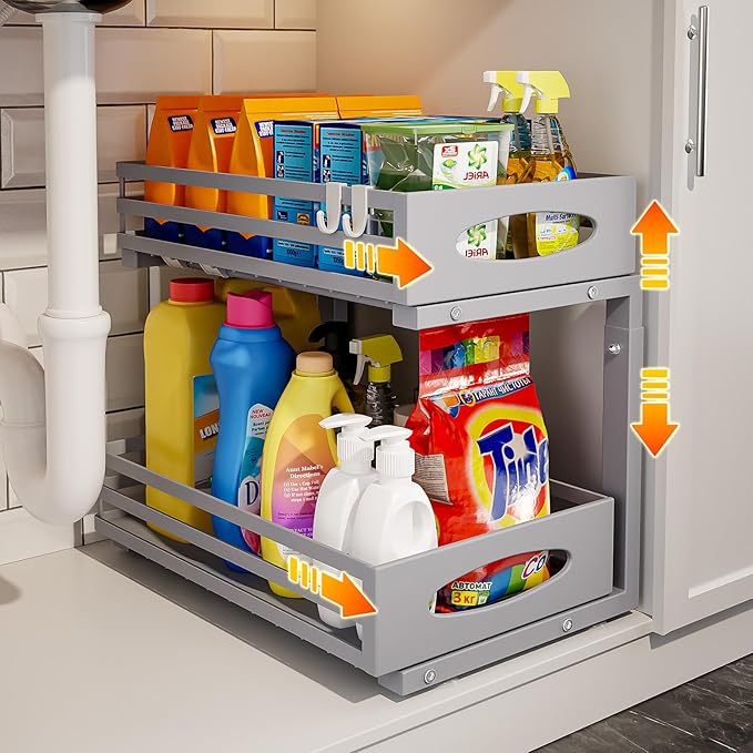 Under Sink Organizer, 2 Tier Under Sink Organizers and Storage, Adjustable Height, Slide out Metal Cabinet Organizers, Pull out Cabinet Storage Drawer Shelf for Kitchen Bathroom (Gray, 1 Pack)