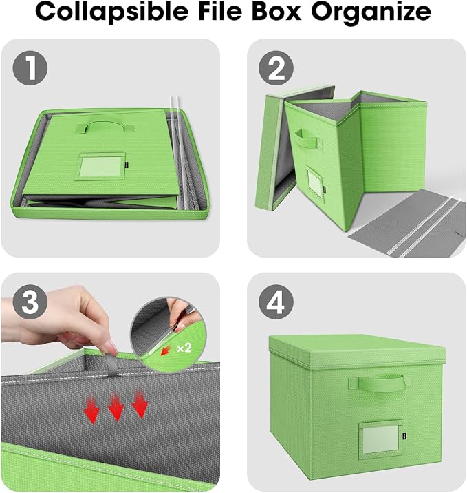 File Organizer Boxes with Lid, Linen Hanging File Storage Boxes with Handle, Collapsible Document Filling Boxes for Letter/Legal Folder, Portable File Box for Office/Decor/Home (2 Pack, Green)