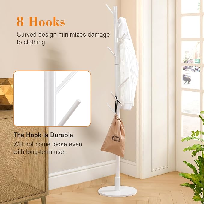 VECELO Coat Rack Freestanding, Entryway Hanger Stand, Umbrella Holder, Hall Tree With Hooks, Floor Standing Tree Stand,White
