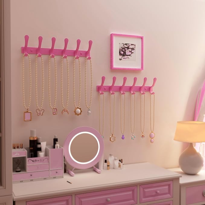 SKOLOO Wall Mounted Coat Rack - 6 Hooks, Pack of 2, Heavy Duty, Stainless Steel, Metal Wall Hanger, Sturdy Coat Hooks for Hanging Coats, Jackets, Clothes, Hats - Pink