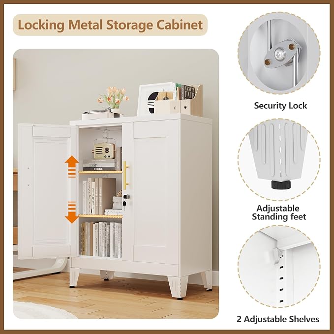 GAIOUS White Metal File Cabinet with Lock(Two Units), Steel Storage Cabient | with 2 Doors and 2 Adjustable Shelves, Multifunctional Locked Cabinet for Home/Office/Garage/Tool Room, Accent Furniture