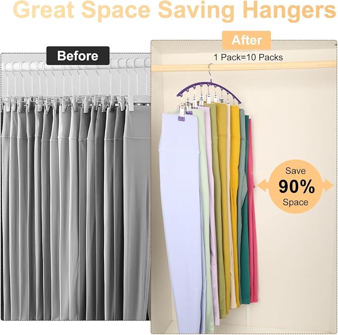 Volnamal Legging Organizer for Closet,2 Pack Metal Yoga Pants Hanger-Purple | Clothes Hanger w/10 Clips Hold 20 Leggings,Space Saving Hanging Closet Organizer College Dorm Essentials Apartment Essential