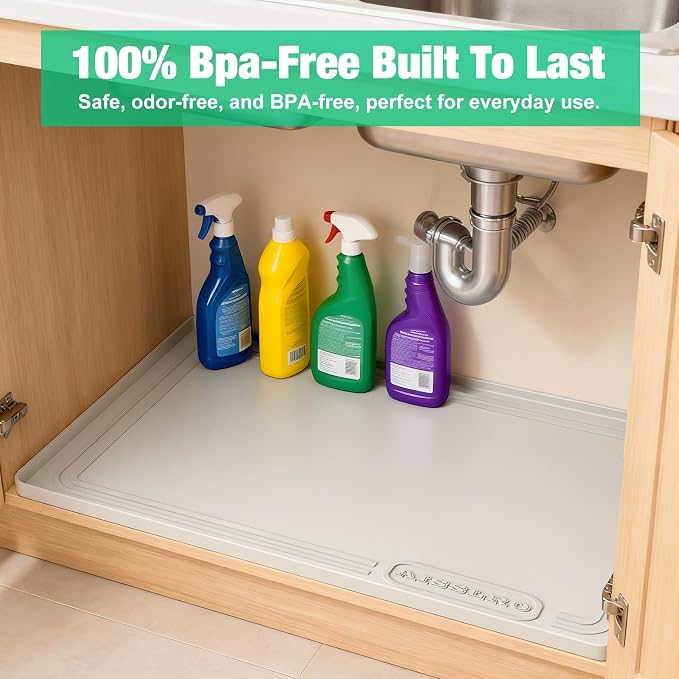 Under Sink Mat 34" X 22", Waterproof Silicone Cabinet Kitchen Liner, Beige | BPA-Free Raised-Edge Cabinet Protector & Leak Tray for Bathroom Cabinets, Boots, Pet Feeding Dog & Cat Mats, Dishwasher Safe