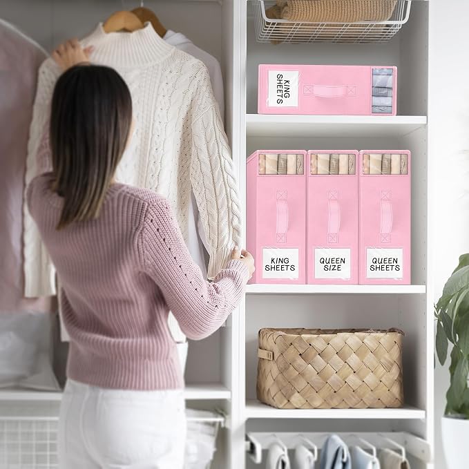 StorageTastic 8 Pack Bed Sheet Closet Organizers and Storage,Sturdy Foldable Storage Containers with Window and Label,Storage and Organization for Bedding Sheets,Duvet Covers,Blankets (Pink)