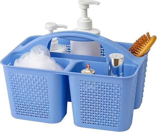 Plastic Portable Shower Caddy Basket with Handle, 3 Compartments, Dark Blue | Storage Organizer with Drain Holes, Sturdy and Durable For Bathroom, Kitchen, College Dorm, Sink, Camping