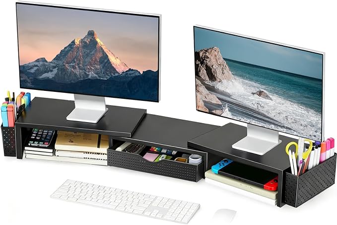 Spacrea Dual Monitor Stand Riser with Drawer and 2 Pen Holders | Monitor Riser Desk Organizers and Accessories,Desk Accessories & Workspace Desktop Organizers for Office Supplies (Black)