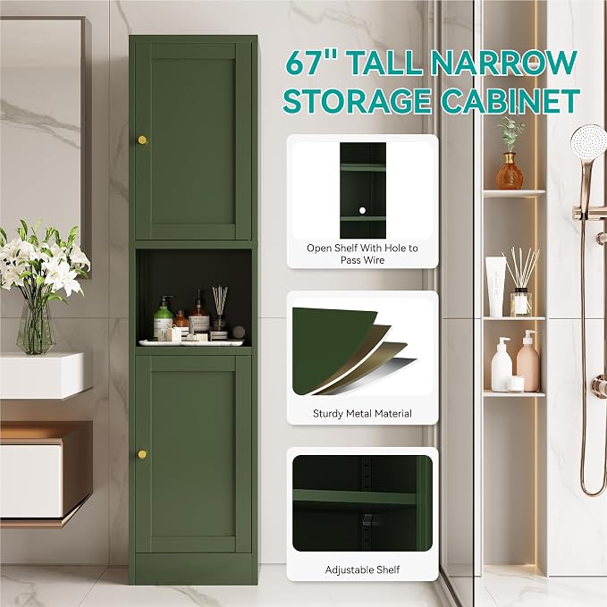 67" Tall Narrow Storage Cabinet with Doors and Open Shelf,Metal Pantry Cabinet,Shaker Style Slim Cabinet with Adjustable Shelves,for Bathroom Kitchen Laundry Small Spaces,Forest Green,1Pc