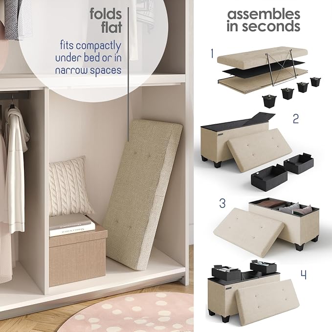 Storage Ottoman Bench with Bins, 30-in Storage Bench for Bedroom End of Bed, Folding Foot Rest Ottoman for Living Room Max 660lbs, Fabric Ottomans, Beige