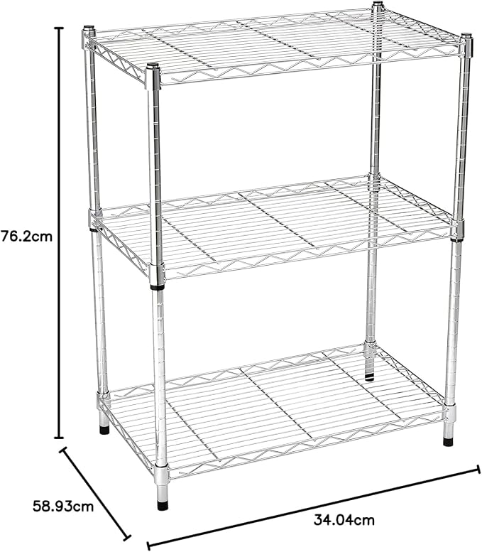 Amazon Basics 3-Shelf Adjustable Heavy Duty Steel Wire Shelving Rack with Chrome Finish, No-Tool Assembly, 250 lbs per Shelf, 23.2" L x 13.4" W x 30" H