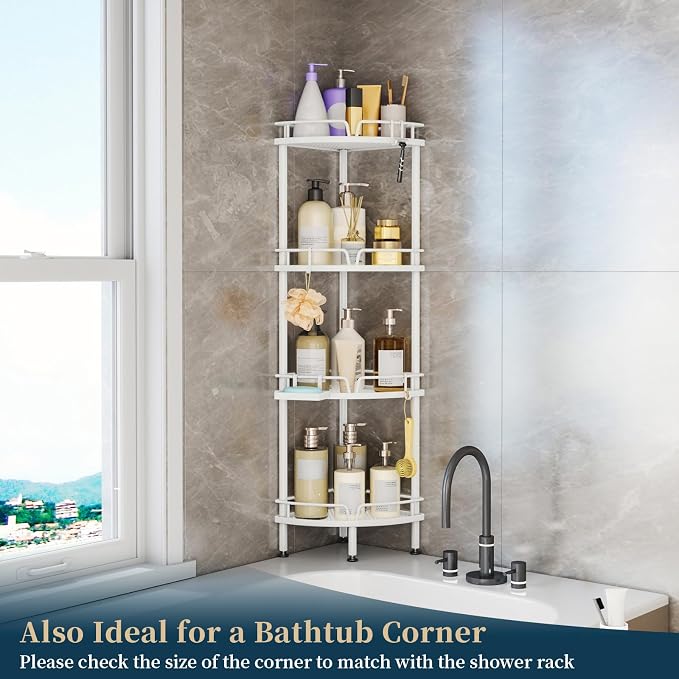 Consumest Corner Shower Organizer Stand - 4 Tier Shower Caddy with Soap Holder, Standing Tall Floor Shower Stand with Adjustable Feet & 4 Hooks, Shower Shelf Rack Storage for Bathroom White