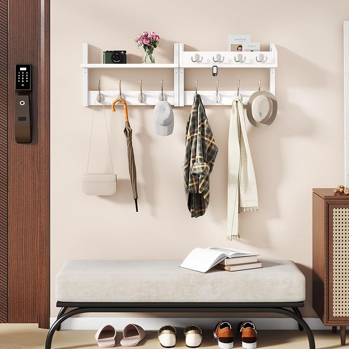 YMYNY 31.5" Coat and Key Rack Wall Mount with Shelf, White, HWS007W-2 | 4-in-1 Coat and Key Hanger with 12 Metal Hooks, Entryway Wall Shelf with Hooks & Mail Holder for Living Room, Bedroom
