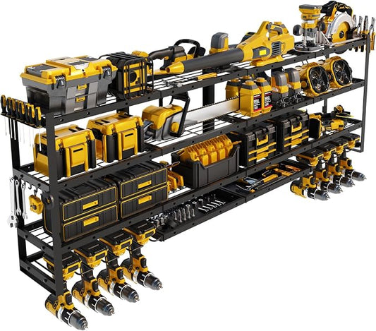 XLarge 64''W Power Tool Organizer Wall Mount | Modular&Corner-Fit 820lbs Garage Storage Rack with 8 Cordless Drill Holder | 4-Tier Heavy Duty Utility Shelf for Battery Workshop Organization