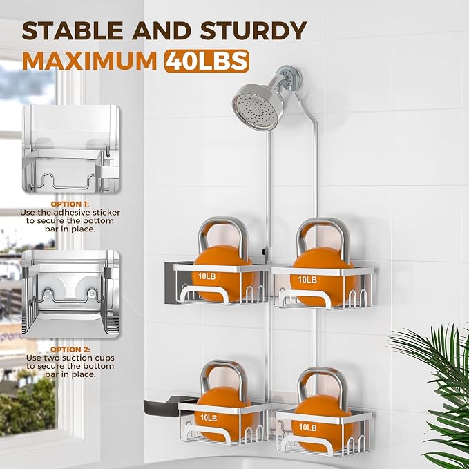 REINHARDT Split Shower Caddy Hanging for Handheld Showerheads, Silver | Adjustable Shower Organizer, Rustproof, 16 Hooks, Soap Holder, 40lbs Capacity, Anti-Slip, Tool-Free, Bathroom Accessories