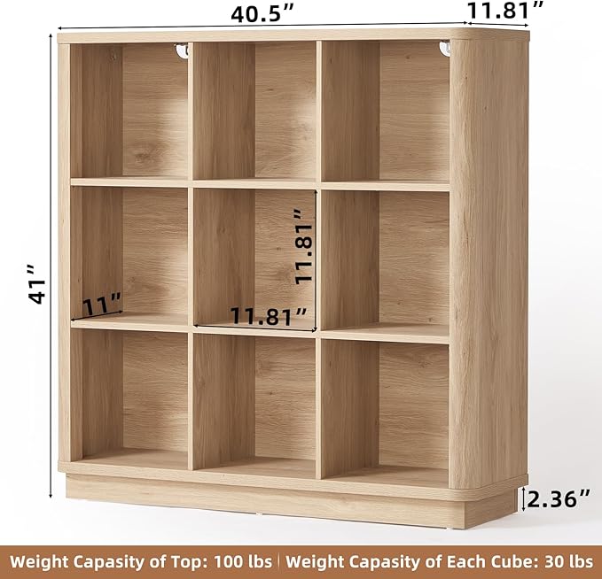 Joaxswe 9 Cube Storage Book Shelf, 41" Tall Organizer Bookshelf with Curved Edge, Modern Floor Standing 3-Tier Cubby Bookcase with Base, Wood Display Book Case for Living Room, Home Office,Natural Oak