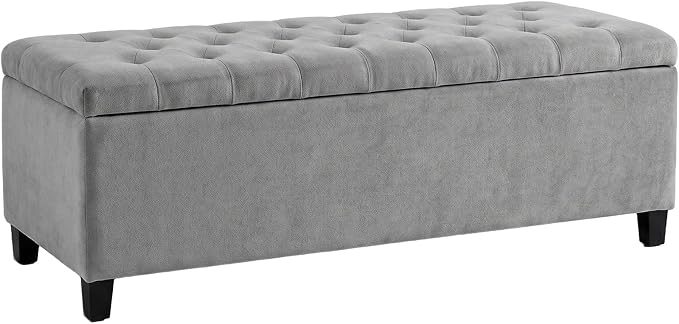 Madison Park 49" Upholstered Storage Bench, Button Tufted End of Bed Bench with Storage, Dual Spring Soft-Close Lid, Bedroom Bench for Queen King Bed, Entryway Living Room, Grey