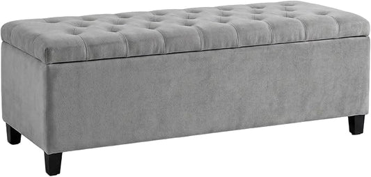 Madison Park 49" Upholstered Storage Bench, Button Tufted End of Bed Bench with Storage, Dual Spring Soft-Close Lid, Bedroom Bench for Queen King Bed, Entryway Living Room, Grey