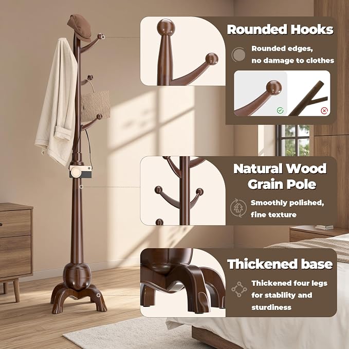Coat Rack Freestanding with 8 Hooks, Wooden Coat Tree, Walnut | Coat Hanger Stand Heavy Duty with Stable Base, Hall Tree for Entryway Hallway Bedroom Office, 240lbs Load Capacity H:71.7in