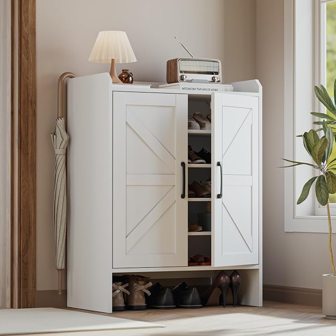 Farmhouse Shoe Cabinet with Doors, Modern Large 5-Tier Shoe Storage Cabinet with Adjustable Shelves, Wooden Shoe Organizer for Entryway, Hallway, Closet, Bedroom, Living Room